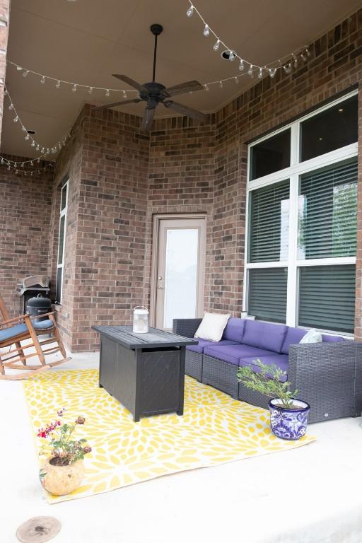 3119 Brand Iron Dr, San Marcos, TX 78666 - view of patio / terrace with an outdoor living space and ceiling fan