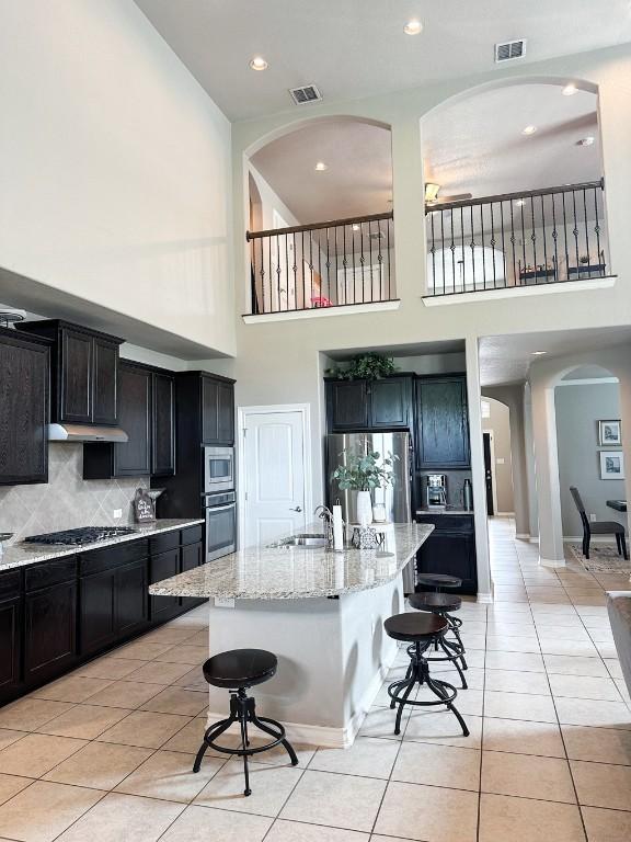 3119 Brand Iron Dr, San Marcos, TX 78666 - kitchen with a high ceiling, stainless steel appliances, a sink, light tile patterned floors, and a breakfast bar