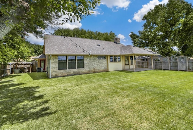 160 Turkey Run, Meadowlakes, TX 78654 - back of house with a chimney, stone siding, a patio, a shingled roof, and central AC unit