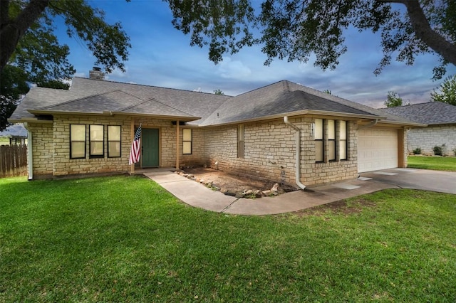 160 Turkey Run, Meadowlakes, TX 78654 - view of front of property featuring a garage, stone siding, a chimney, and driveway