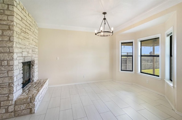 160 Turkey Run, Meadowlakes, TX 78654 - unfurnished living room with a chandelier, crown molding, a stone fireplace, and baseboards