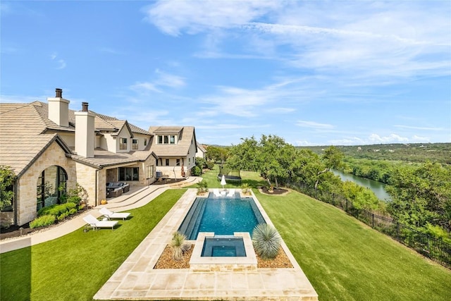 11705 Shoreview Overlook, Austin, TX 78732 - view of pool with a patio, a water view, and a pool with connected hot tub