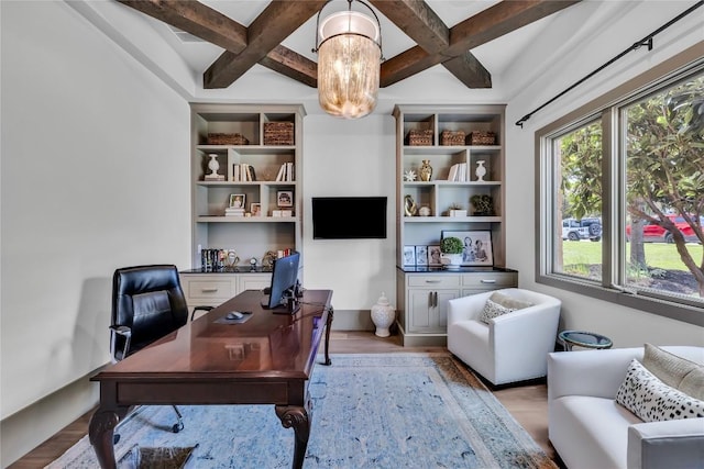 11705 Shoreview Overlook, Austin, TX 78732 - office area featuring coffered ceiling, light wood finished floors, and beam ceiling