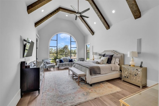 11705 Shoreview Overlook, Austin, TX 78732 - bedroom featuring high vaulted ceiling, beam ceiling, wood finished floors, recessed lighting, and ceiling fan
