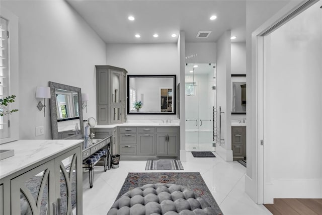 11705 Shoreview Overlook, Austin, TX 78732 - bathroom with a stall shower, vanity, recessed lighting, and tile patterned flooring