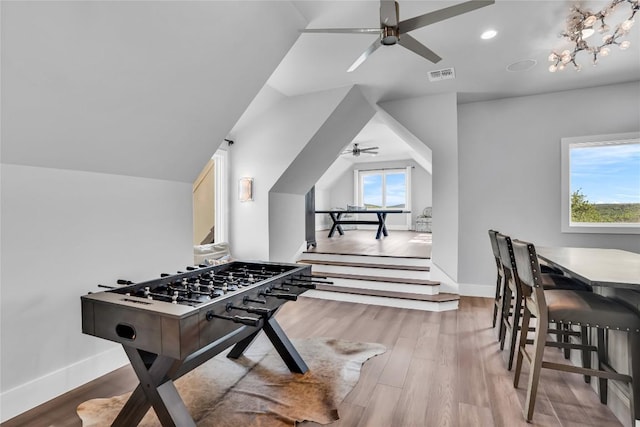 11705 Shoreview Overlook, Austin, TX 78732 - rec room with a ceiling fan, wood finished floors, vaulted ceiling, and recessed lighting