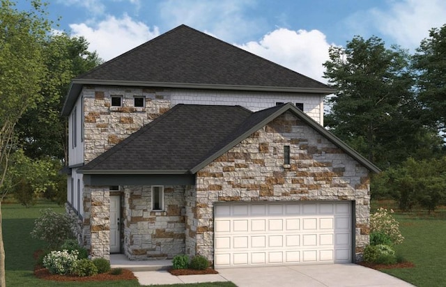 328 Milkwood Ter, Dripping Springs, TX 78620 - view of front of home featuring stone siding, roof with shingles, concrete driveway, an attached garage, and a front lawn