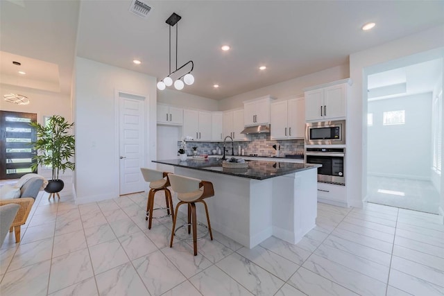 kitchen featuring stainless steel appliances, under cabinet range hood, backsplash, white cabinets, and a kitchen island with sink