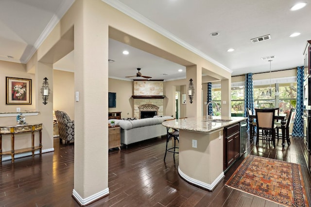 1720 Foxboro Ln, Cedar Park, TX 78613 - kitchen featuring a sink, a ceiling fan, dark wood-style flooring, baseboards, and crown molding