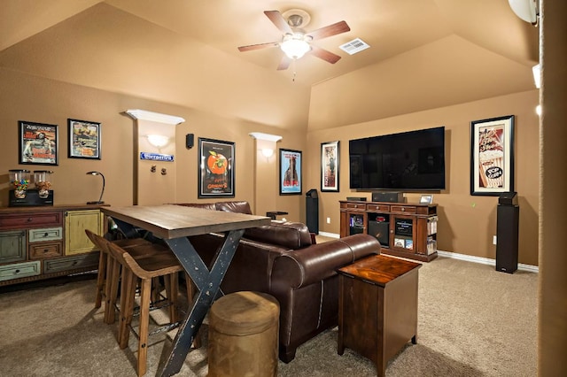 1720 Foxboro Ln, Cedar Park, TX 78613 - home theater with carpet, ceiling fan, lofted ceiling, and baseboards