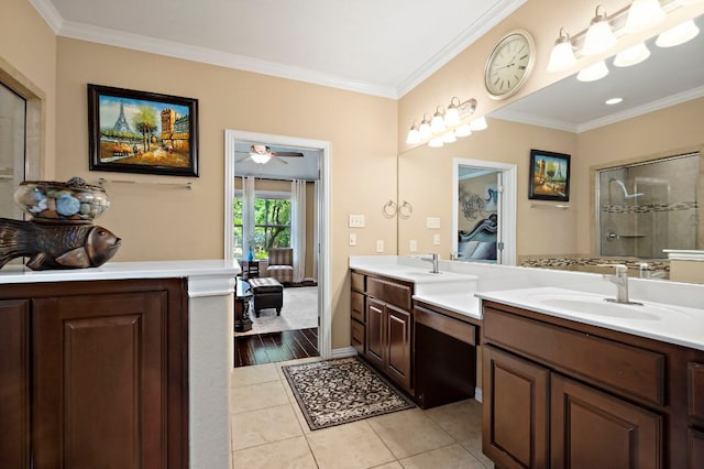 1720 Foxboro Ln, Cedar Park, TX 78613 - full bath featuring ensuite bath, ornamental molding, tile patterned flooring, double vanity, and ceiling fan