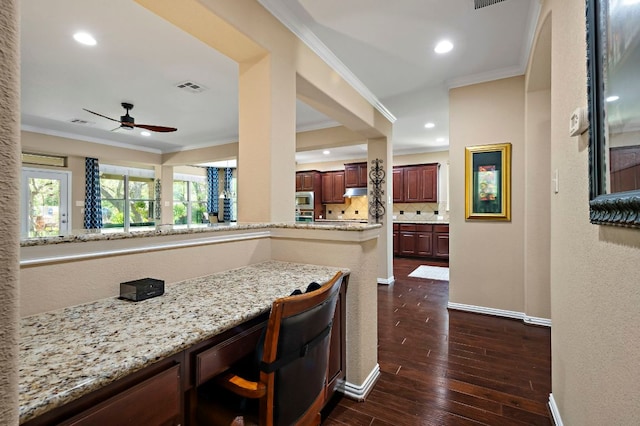 1720 Foxboro Ln, Cedar Park, TX 78613 - dining area with ornamental molding, ceiling fan, dark wood-style floors, recessed lighting, and baseboards