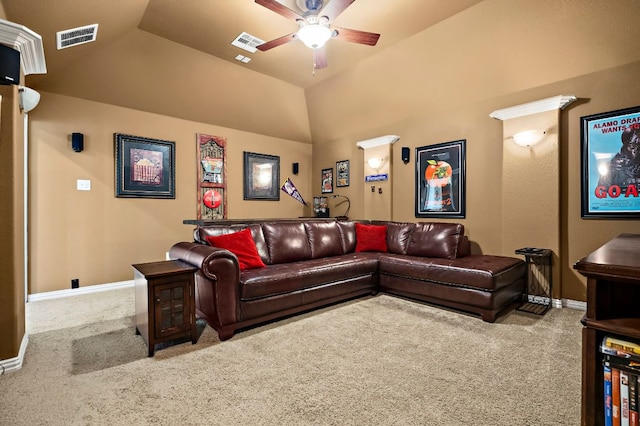 1720 Foxboro Ln, Cedar Park, TX 78613 - carpeted living area with a ceiling fan, baseboards, and lofted ceiling