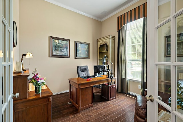1720 Foxboro Ln, Cedar Park, TX 78613 - office space featuring ornamental molding, dark wood finished floors, french doors, and baseboards