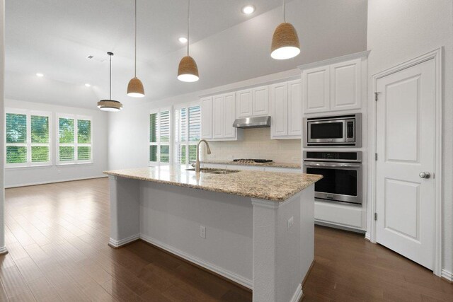 kitchen with stainless steel appliances, a sink, under cabinet range hood, dark wood-type flooring, and recessed lighting