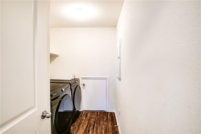 253 Beechnut Dr, Buda, TX 78610 - clothes washing area featuring washer and clothes dryer and dark wood-style flooring