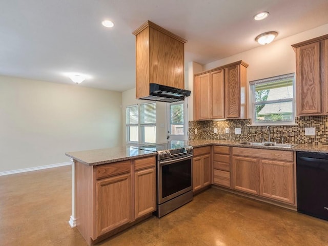 kitchen with electric range, a sink, dishwasher, a peninsula, and range hood