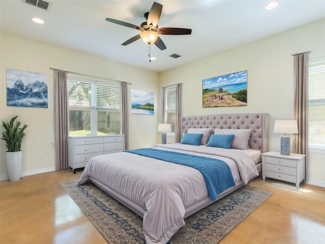 bedroom featuring baseboards, recessed lighting, and ceiling fan