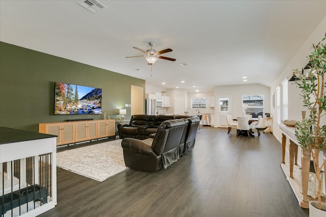 216 Xanadu Dr, Jarrell, TX 76537 - living room featuring dark wood-style floors, recessed lighting, and a ceiling fan