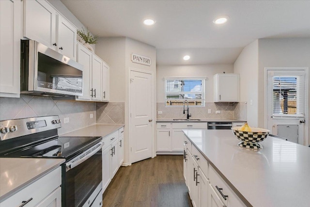 216 Xanadu Dr, Jarrell, TX 76537 - kitchen with appliances with stainless steel finishes, a sink, dark wood-type flooring, white cabinetry, and recessed lighting