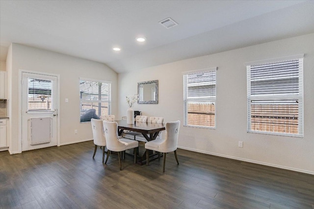 216 Xanadu Dr, Jarrell, TX 76537 - dining room with dark wood-style floors, recessed lighting, baseboards, and lofted ceiling