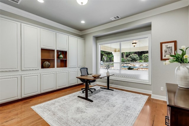 2116 Demona Dr, Austin, TX 78733 - home office with crown molding, light wood-type flooring, and recessed lighting