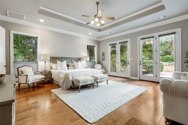 2116 Demona Dr, Austin, TX 78733 - bedroom featuring a tray ceiling, access to outside, multiple windows, light wood-style floors, and ornamental molding