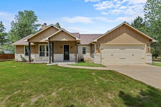 113 N Buckhorn Dr, Bastrop, TX 78602 - craftsman-style house with stone siding, an attached garage, a chimney, driveway, and board and batten siding