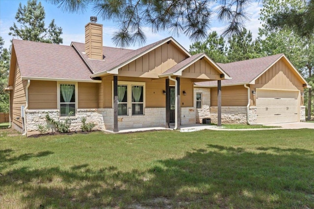 113 N Buckhorn Dr, Bastrop, TX 78602 - view of front facade featuring board and batten siding, stone siding, a chimney, and roof with shingles