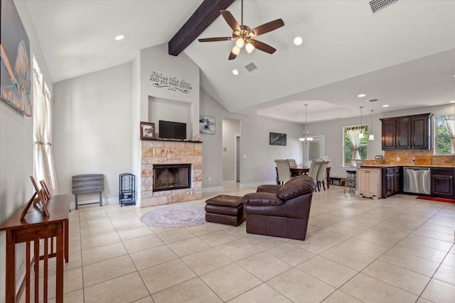 113 N Buckhorn Dr, Bastrop, TX 78602 - living area with light tile patterned floors, beamed ceiling, ceiling fan, high vaulted ceiling, and recessed lighting