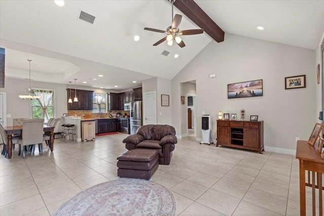 113 N Buckhorn Dr, Bastrop, TX 78602 - living area featuring light tile patterned floors, a ceiling fan, recessed lighting, beamed ceiling, and baseboards