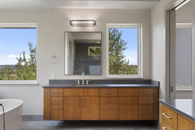 full bath featuring vanity, a freestanding bath, and a shower