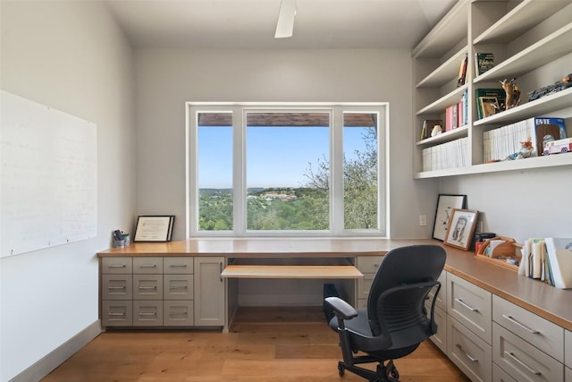 office space featuring built in study area and light wood-style flooring