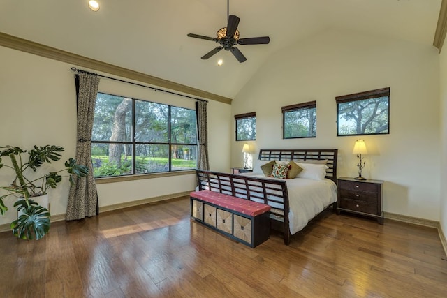13708 Montview Dr, Austin, TX 78732 - bedroom featuring baseboards, wood finished floors, recessed lighting, high vaulted ceiling, and ceiling fan