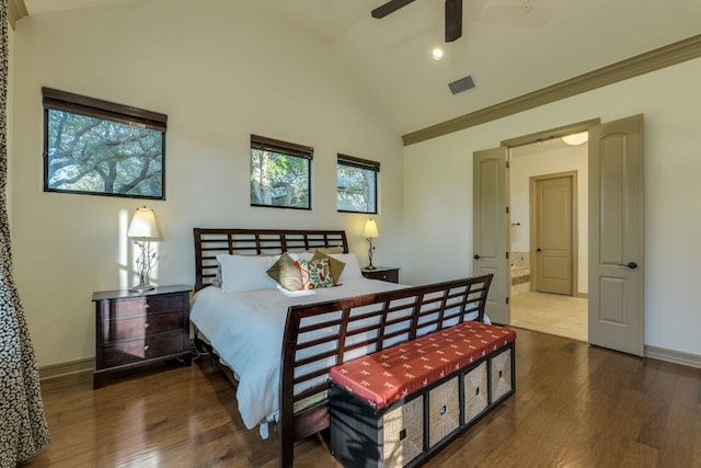 13708 Montview Dr, Austin, TX 78732 - bedroom with lofted ceiling, wood finished floors, baseboards, and a ceiling fan