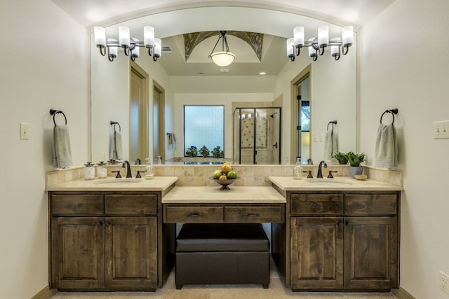 13708 Montview Dr, Austin, TX 78732 - full bath featuring a stall shower, double vanity, and baseboards