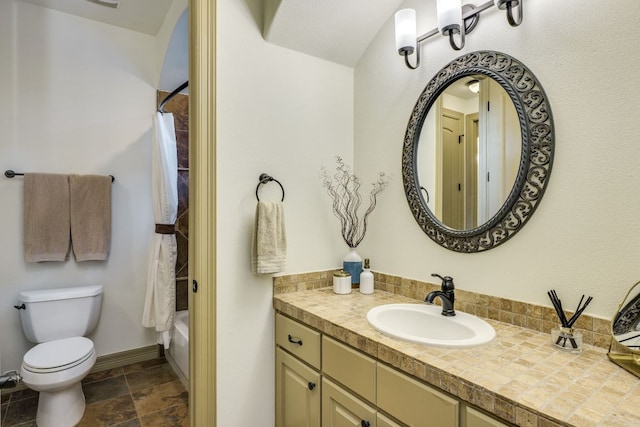 13708 Montview Dr, Austin, TX 78732 - bathroom featuring stone finish flooring, toilet, vanity, and shower / bath combination with curtain