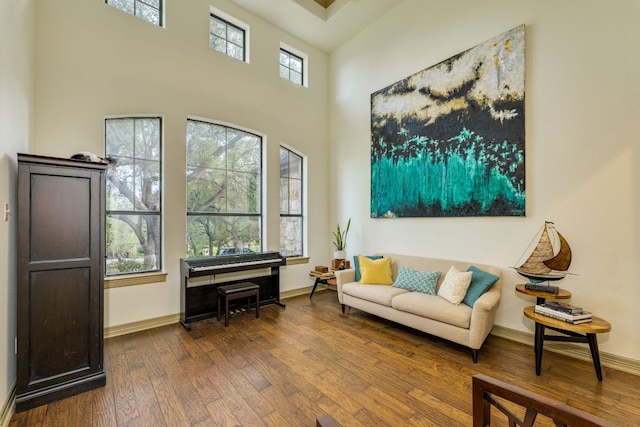 13708 Montview Dr, Austin, TX 78732 - living area with dark wood-style flooring, baseboards, and a high ceiling