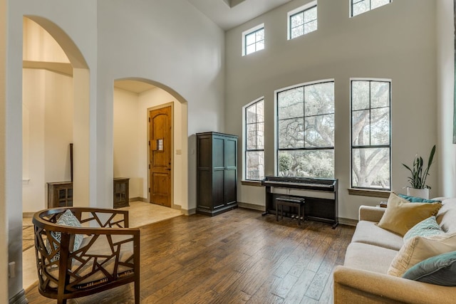 13708 Montview Dr, Austin, TX 78732 - living area with a towering ceiling, hardwood / wood-style floors, arched walkways, and baseboards