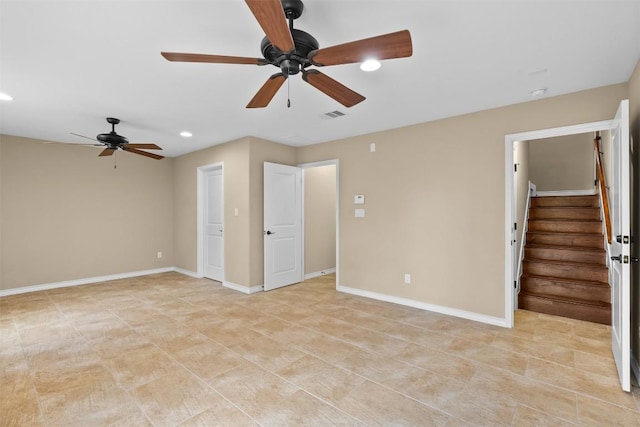1044 Highknoll Ln, Georgetown, TX 78628 - unfurnished room featuring ceiling fan, recessed lighting, stairs, and baseboards