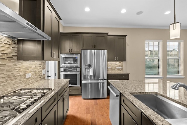 1044 Highknoll Ln, Georgetown, TX 78628 - kitchen with appliances with stainless steel finishes, extractor fan, a sink, crown molding, and decorative backsplash