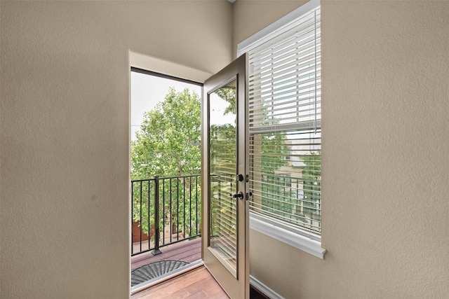 1044 Highknoll Ln, Georgetown, TX 78628 - doorway featuring healthy amount of natural light, wood finished floors, and a textured wall