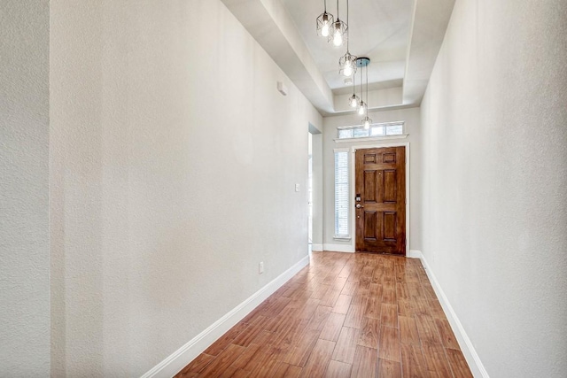 entryway with wood finished floors, baseboards, and a tray ceiling