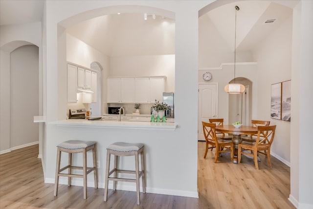 kitchen with stainless steel appliances, light wood finished floors, under cabinet range hood, a kitchen bar, and light countertops