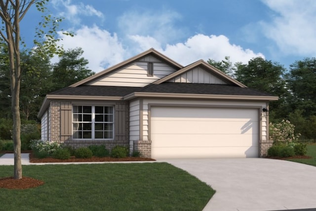 craftsman-style house featuring concrete driveway, a garage, a front lawn, and brick siding