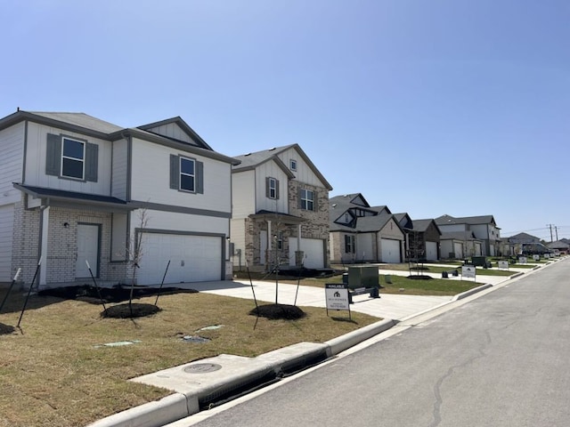 townhome / multi-family property featuring board and batten siding, a residential view, concrete driveway, an attached garage, and a front yard