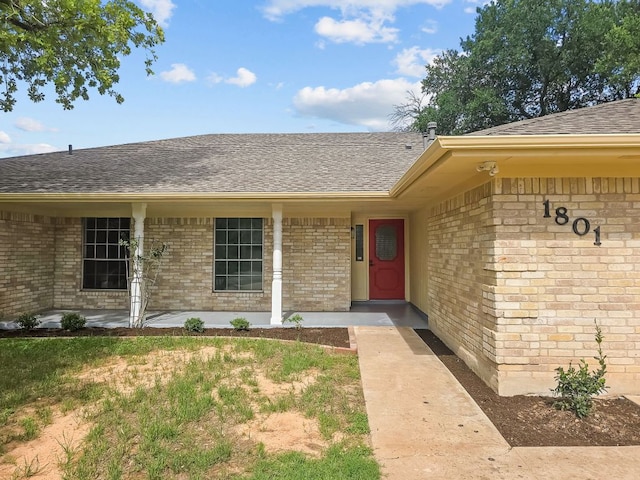 1801 Rock Creek Dr, Round Rock, TX 78681 - view of exterior entry with a shingled roof and brick siding