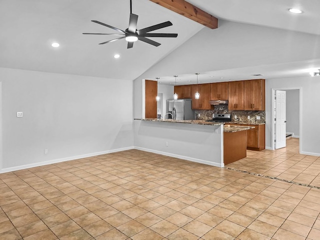 1801 Rock Creek Dr, Round Rock, TX 78681 - kitchen featuring appliances with stainless steel finishes, brown cabinetry, ceiling fan, beamed ceiling, and under cabinet range hood
