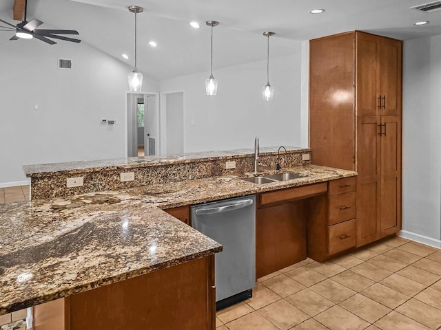 1801 Rock Creek Dr, Round Rock, TX 78681 - kitchen with a sink, stainless steel dishwasher, a ceiling fan, brown cabinets, and vaulted ceiling
