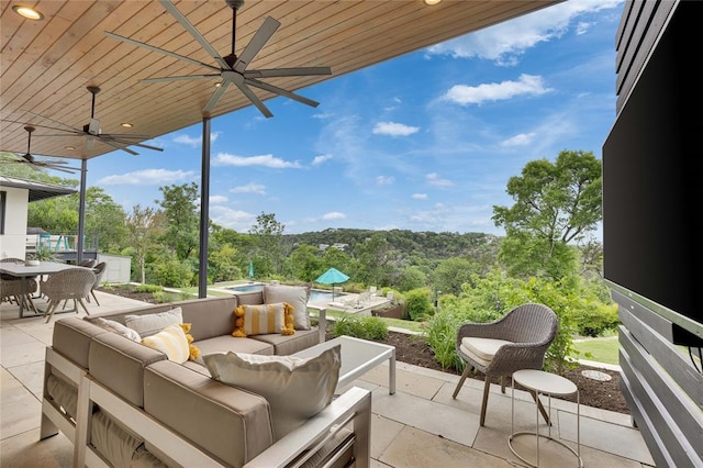 402 Buckeye Trl, West Lake Hills, TX 78746 - view of patio with an outdoor hangout area, ceiling fan, and outdoor dining area